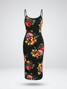 Black Floral Adjustable Straps Bodycon Dress, Heart Hips Size L